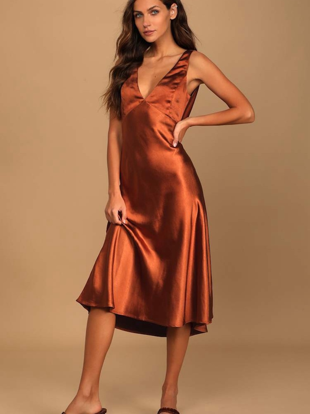 Lulu's Copper Satin Slip Midi Dress
